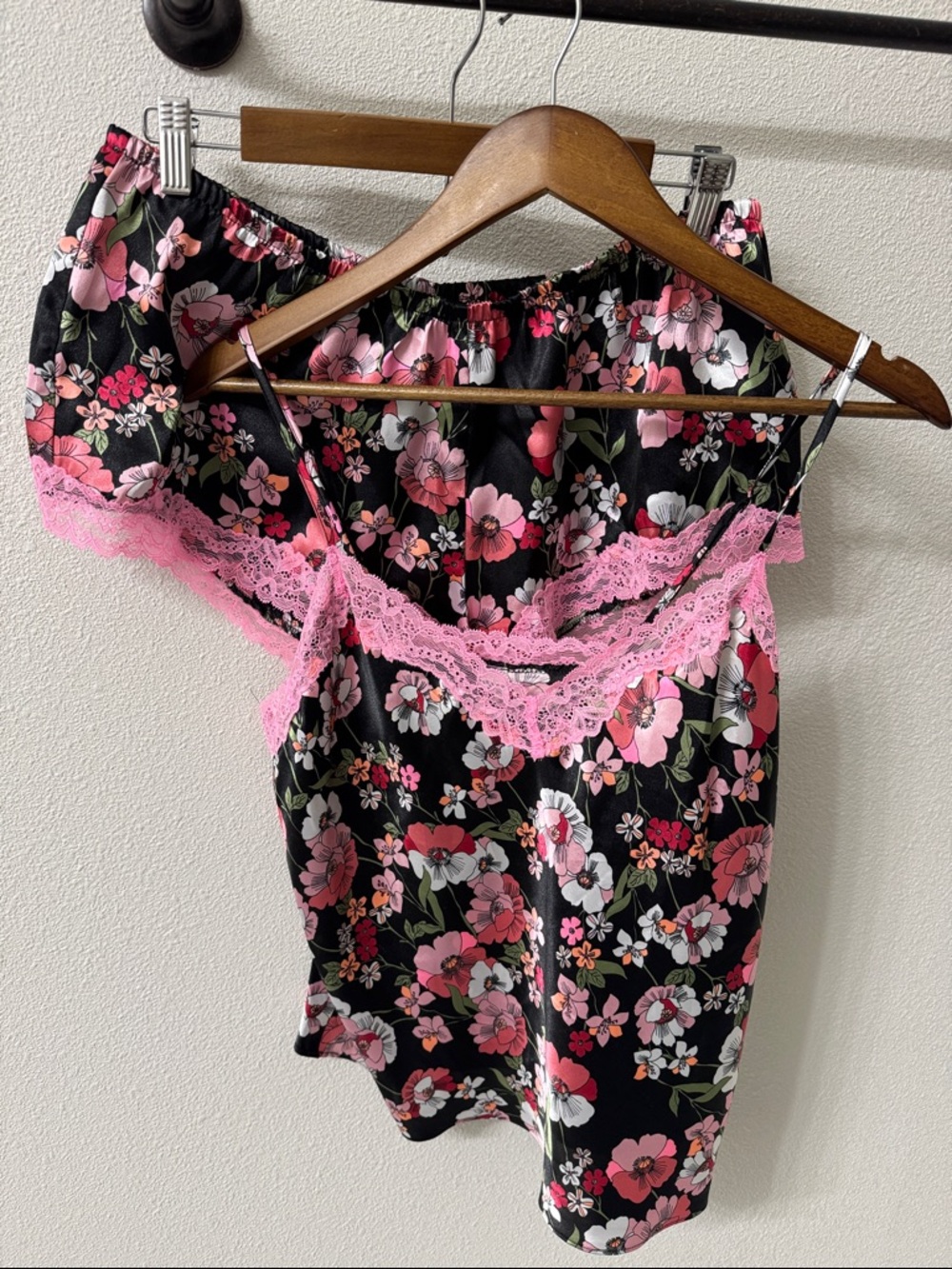 Secret Treasures Satin Black and Pink Floral Lace Cami & Shorts Set